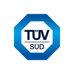 Logo von TÜV SÜD: blaues Achteck mit dem Schriftzug TÜV SÜD
